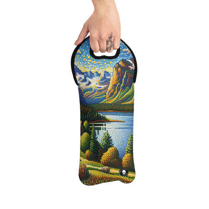 "Tranquil Sunset: A Pointillist Masterpiece of Serene Countryside" - The Alien Wine Tote Bag Pointillism