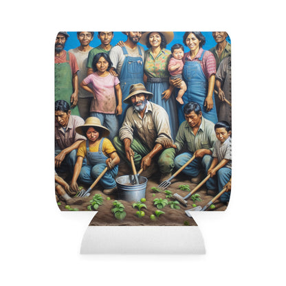 "Reaping Hope: A Migrant Family in the Garden" - The Alien Can Cooler Sleeve Social Realism Style