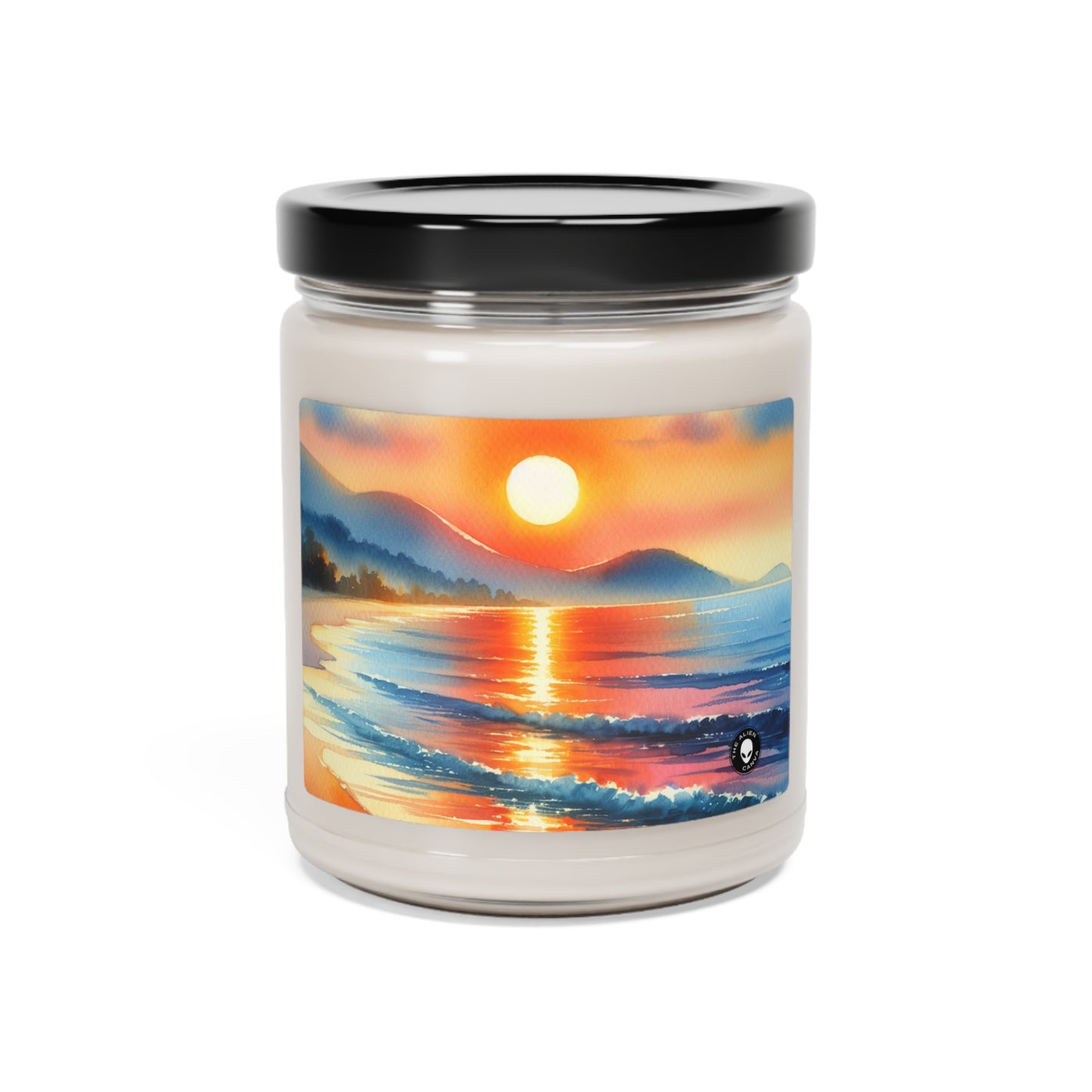 « Lever de soleil sur la plage » - La bougie de soja parfumée Alien 9oz Peinture à l'aquarelle