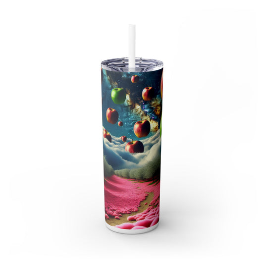 "Apple Sky and Pink Flower Carpet: A Surreal Landscape" - The Alien Maars® Skinny Tumbler with Straw 20oz