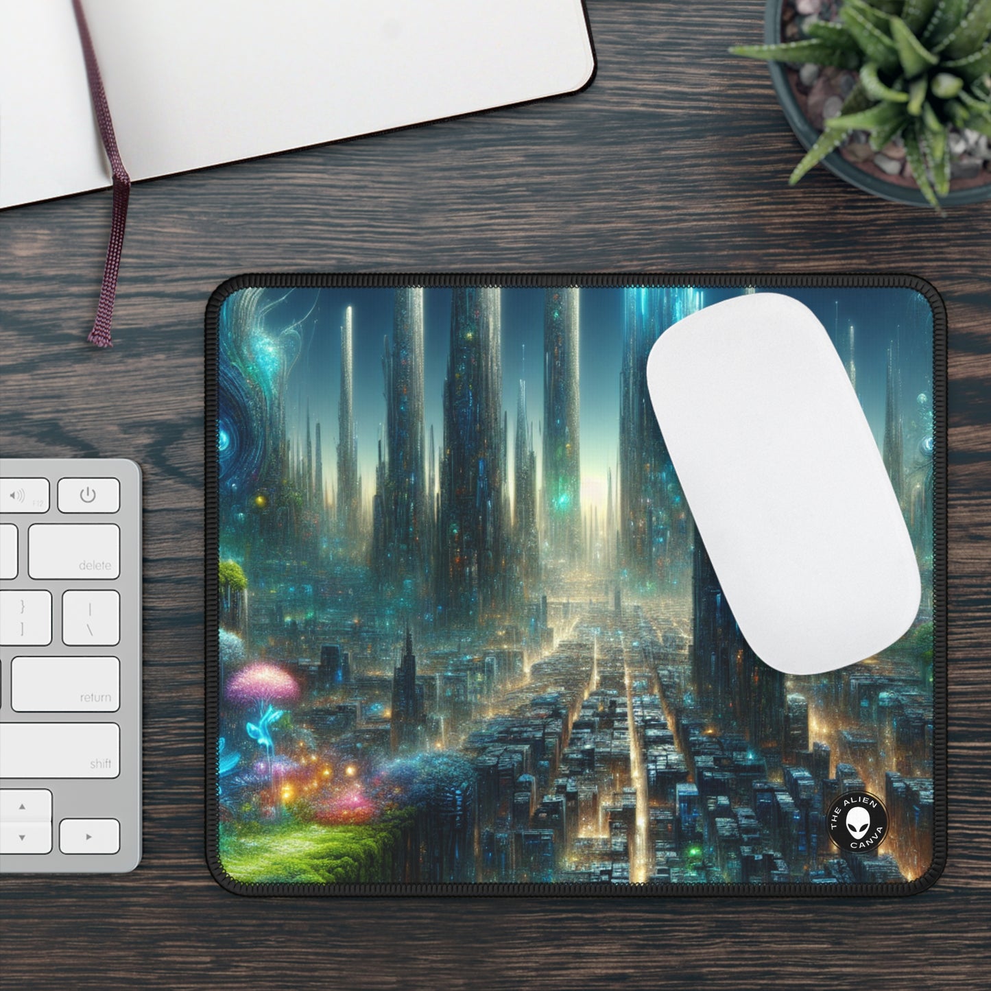 "Neon Oasis: A Futuristic Urban Wonderland" - The Alien Gaming Mouse Pad