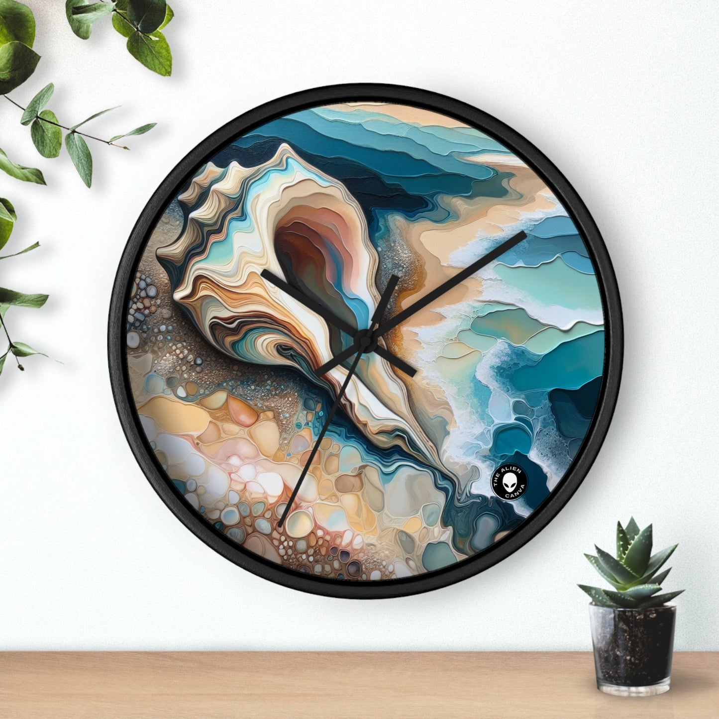 "Une vue sur la plage à travers un coquillage" - The Alien Wall Clock Acrylique Pouring