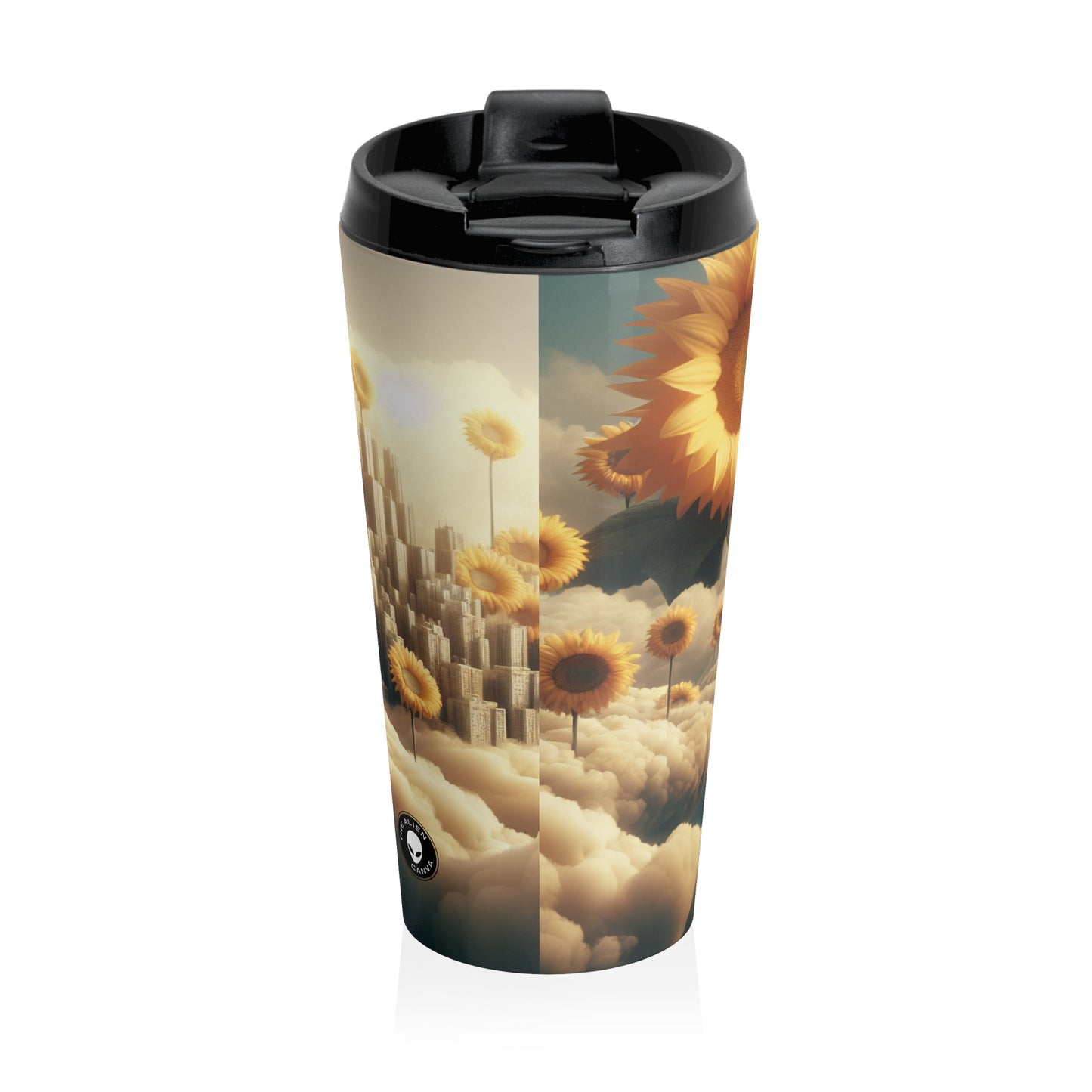 "Ethereal Sky: La ciudad de las nubes y los girasoles" - Taza de viaje de acero inoxidable de Alien