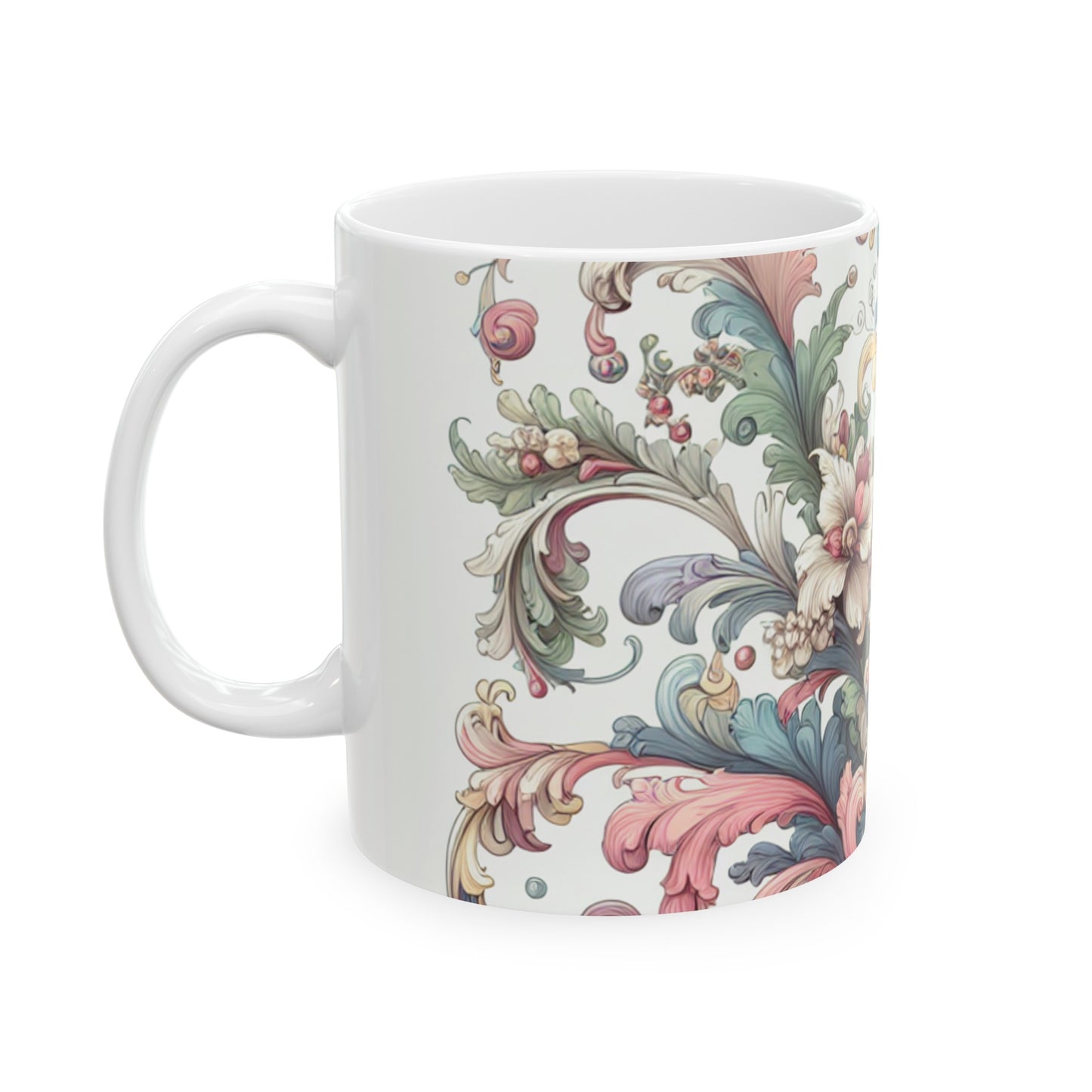 "Elegancia encantada: una velada en el jardín rococó" - Taza de cerámica The Alien Rococó de 11 oz