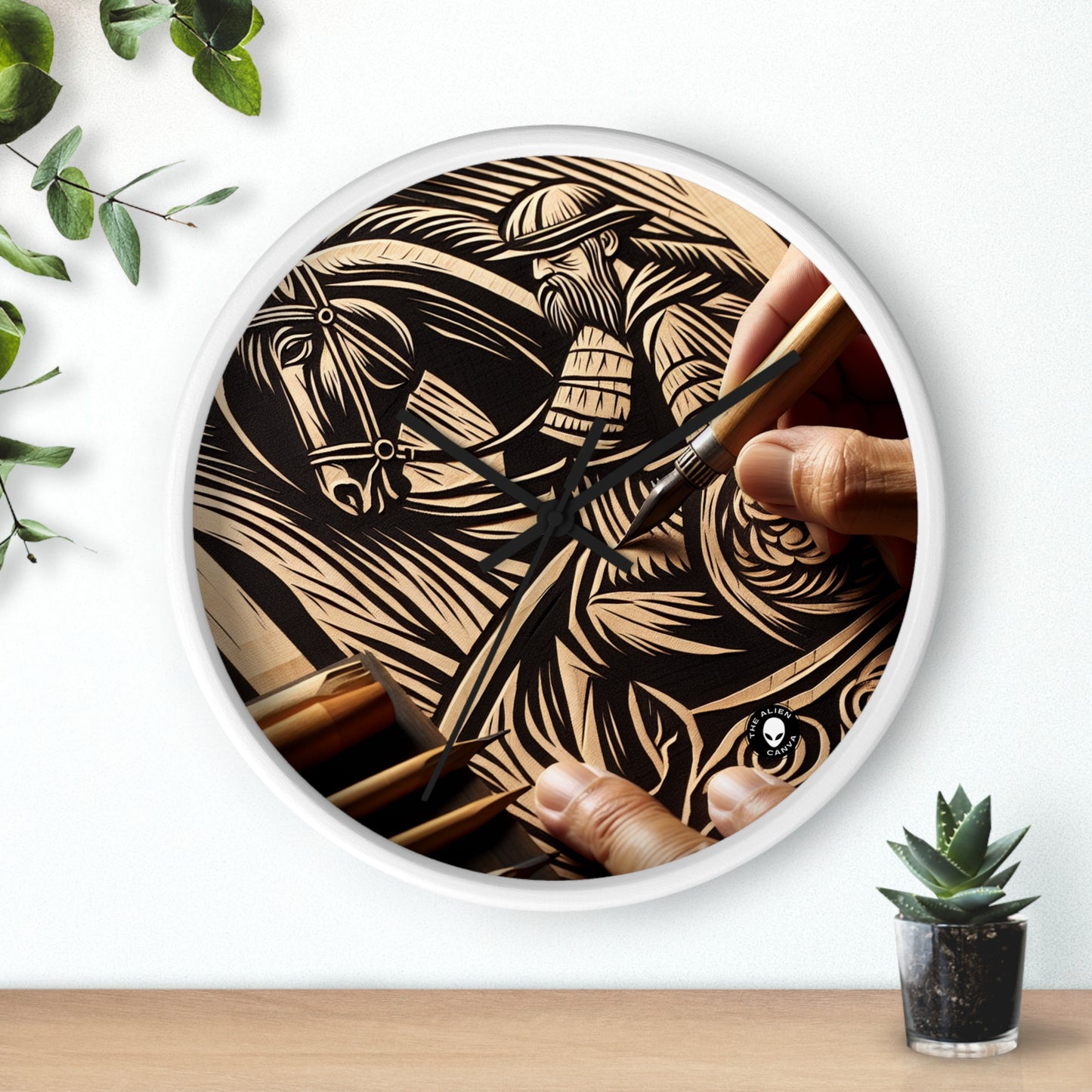 "Enchanting Shadows: A Woodcut Print of the Dancing Northern Lights" - The Alien Wall Clock Woodcut Printing