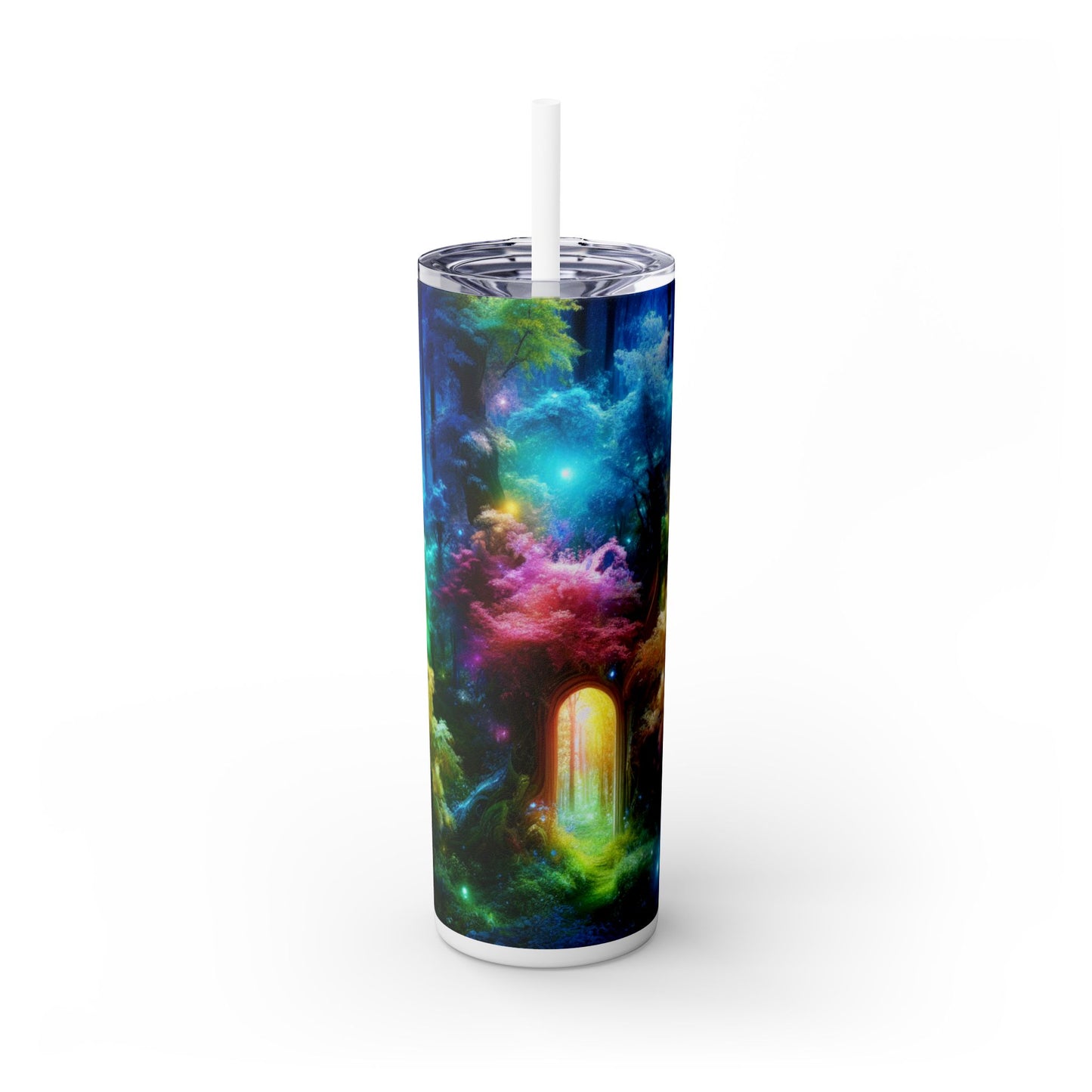 "Enchanted Rainbow Forest: Gateway to the Unseen Realm" - The Alien Maars® Skinny Tumbler with Straw 20oz