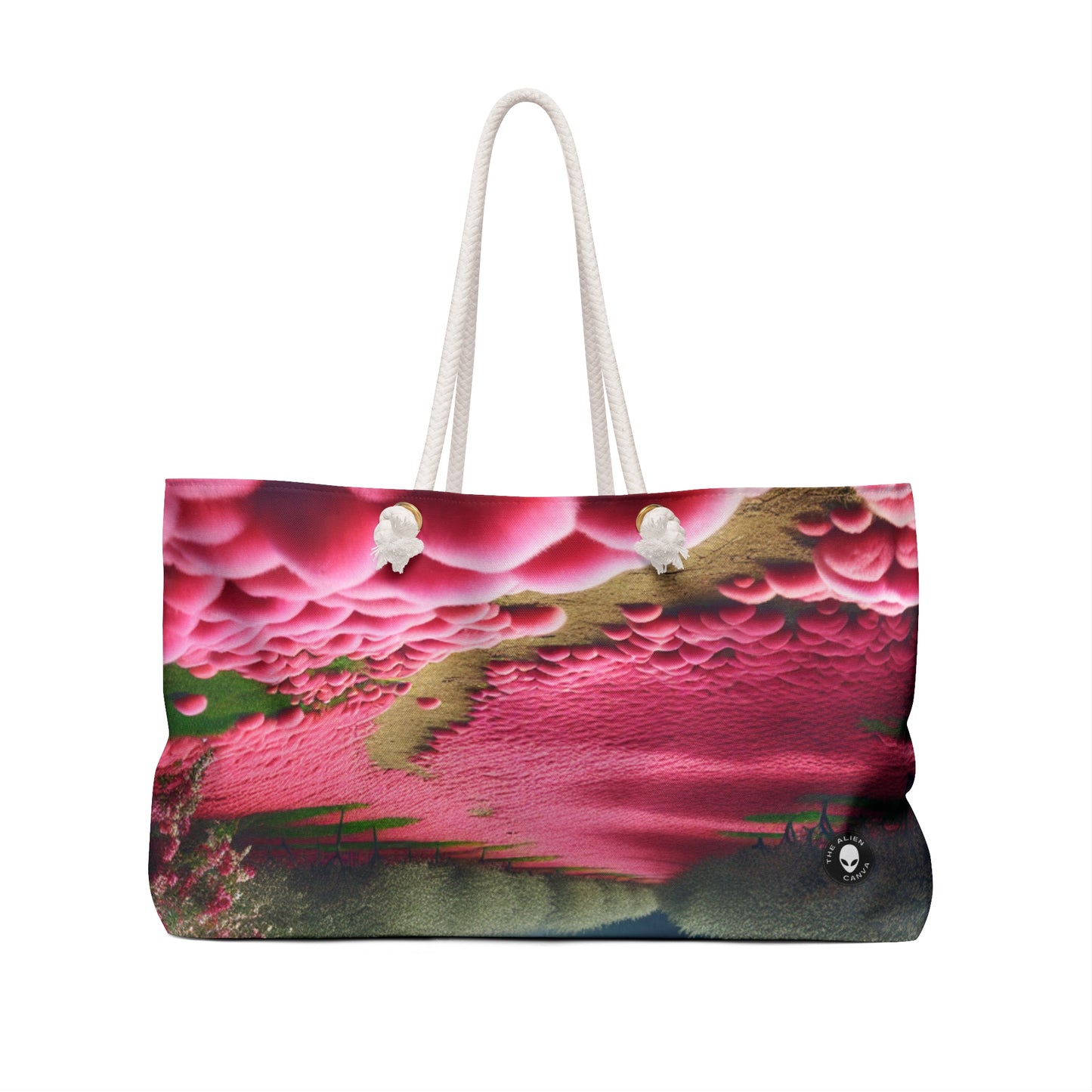 "Apple Sky and Pink Flower Carpet: A Surreal Landscape" - The Alien Weekender Bag