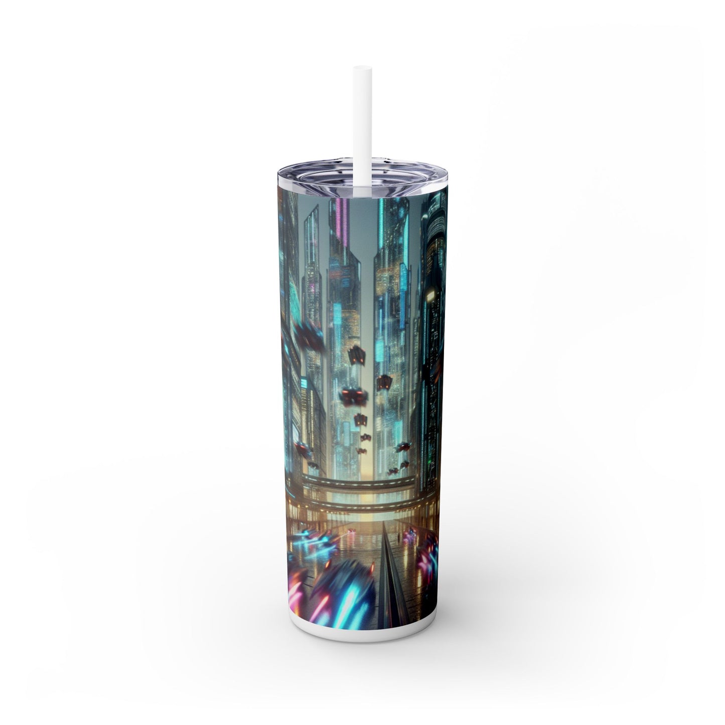 Neon Rain: A Futuristic Cityscape - The Alien Maars® Skinny Tumbler with Straw 20oz