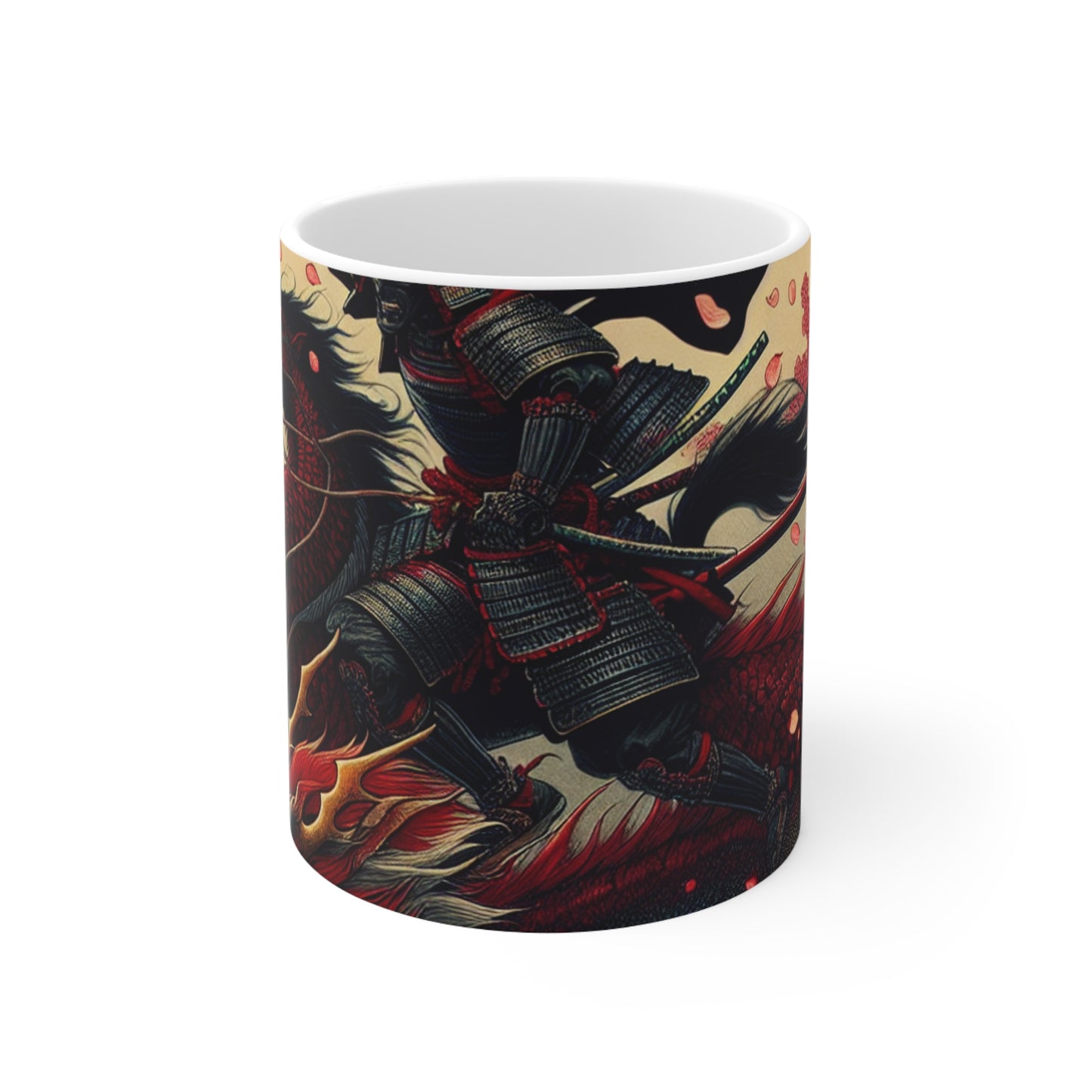 "Storming into Battle: A Samurai's Tale" - Taza de cerámica The Alien de 11 oz estilo Ukiyo-e (impresión en madera japonesa)