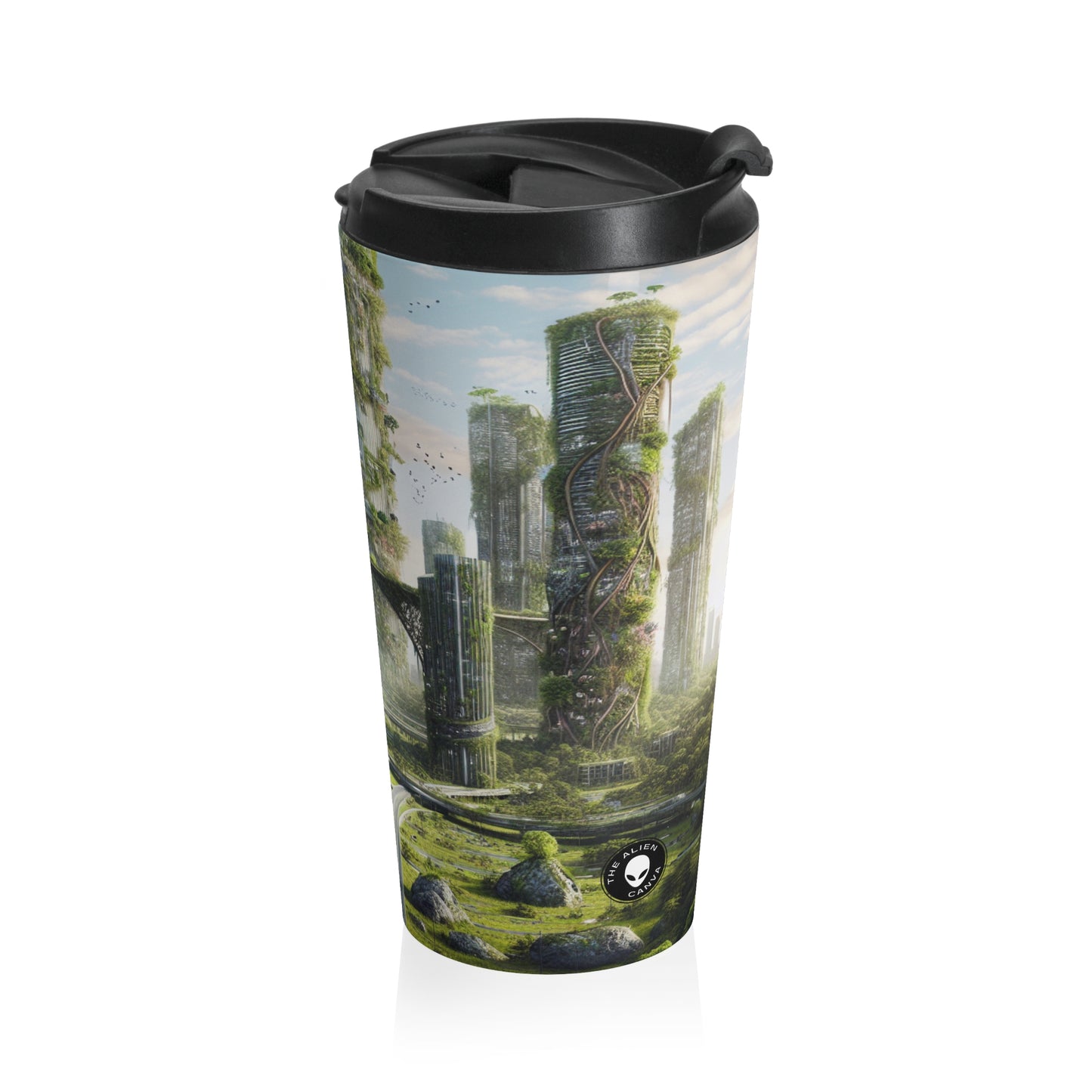 "Nature's Reclamation: A Futuristic Cityscape" - The Alien Stainless Steel Travel Mug