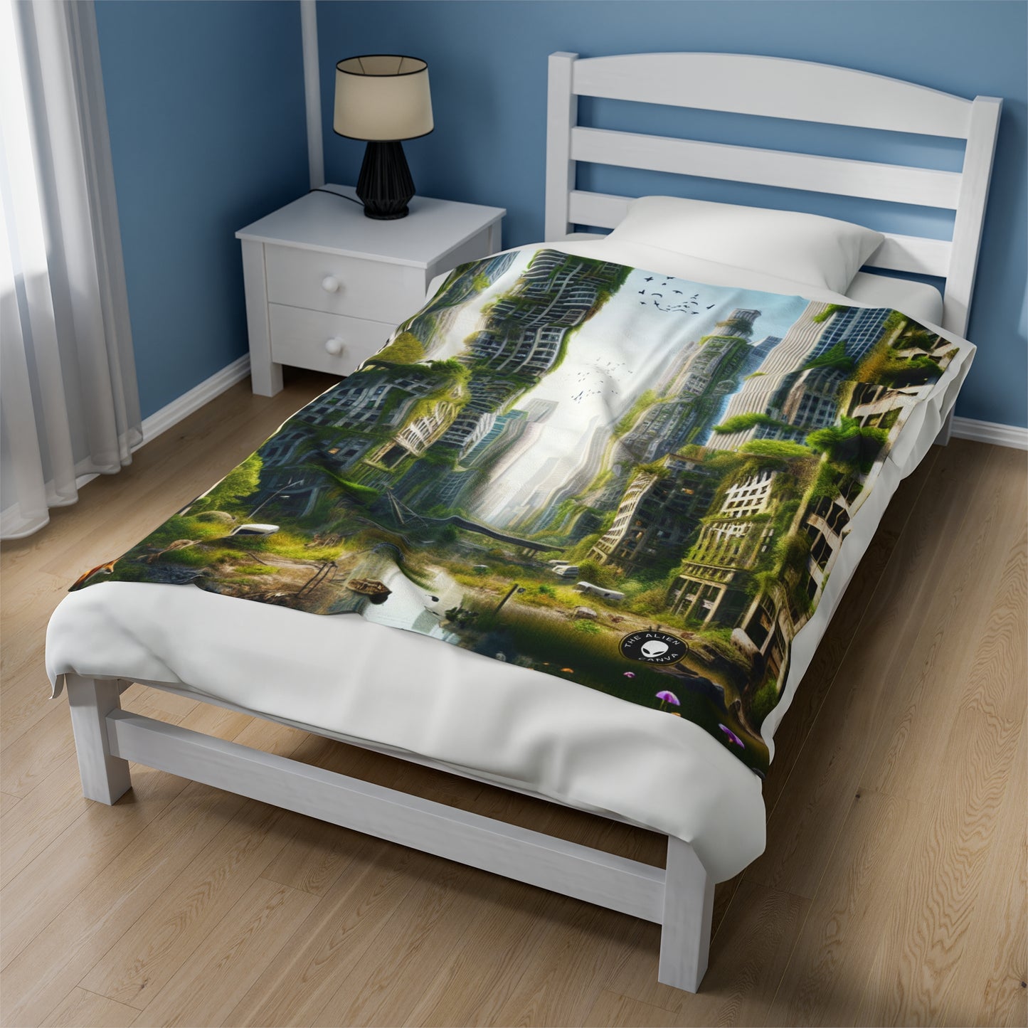 "Nature's Reclamation: A Futuristic Urban Jungle" - The Alien Velveteen Plush Blanket