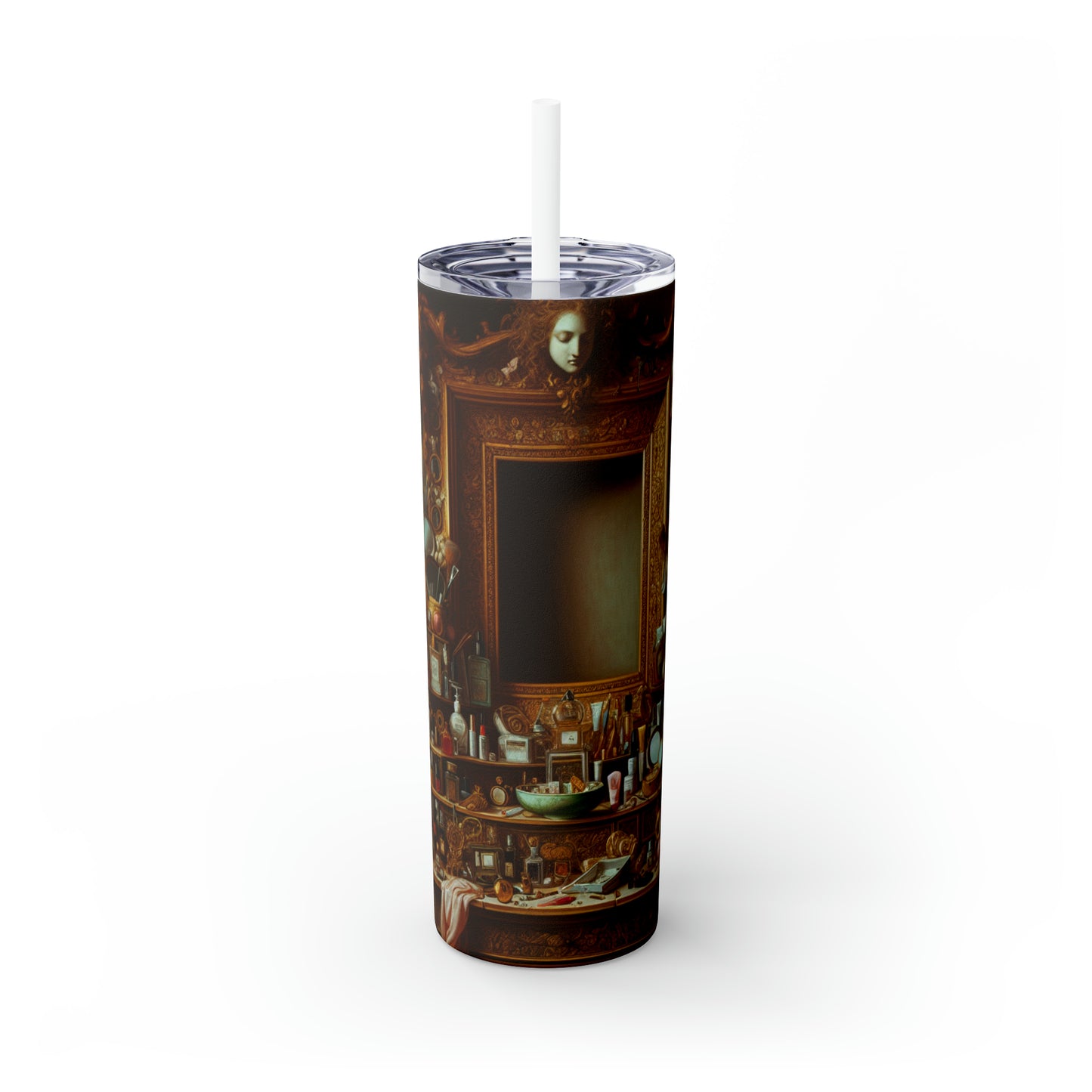 "The Vanity of Luxury: A Modernized Vanitas" - The Alien Maars® Skinny Tumbler with Straw 20oz Vanitas Painting