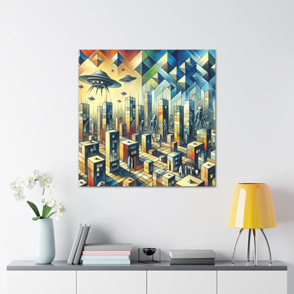 "Cubism in a Futuristic, Alien-Invaded City". - The Alien Canva A futristic city invaded by aliens in cubism art style