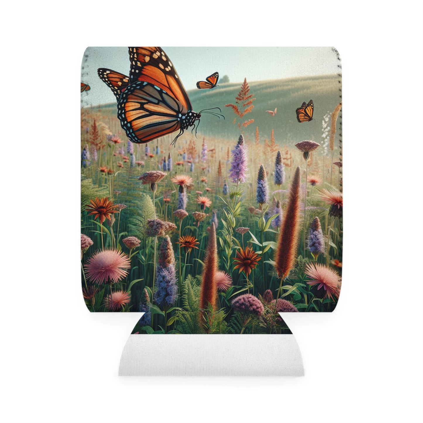 « Un monarque dans une prairie de fleurs sauvages » - The Alien Can Cooler Sleeve Style réaliste