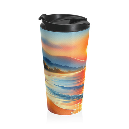 "Lever du soleil sur la plage" - La tasse de voyage en acier inoxydable Alien Peinture à l'aquarelle