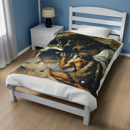 "Hunter and Wolf: In Pursuit of Prey." - The Alien Velveteen Plush Blanket Cave Painting