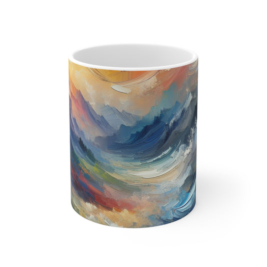 "Paisaje abstracto: exploración de profundidades emocionales a través del color y la textura" - La taza de cerámica alienígena de 11 oz estilo expresionismo abstracto
