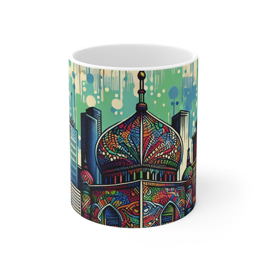 "Bright City: A Pop of Color on the Skyline" - The Alien Ceramic Mug 11oz Street Art / Graffiti Style