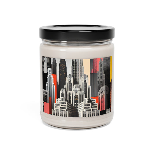 "A Contrast of Times: Classic Art Deco Skyscrapers and a Modern Cityscape" - The Alien Scented Soy Candle 9oz Art Deco Style
