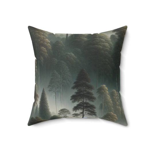 « Misty Forest Retreat » – L'oreiller carré en polyester filé Alien