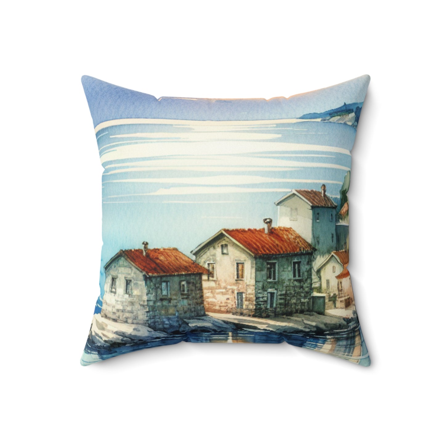 « Aperçu d’un havre de bord de mer » - L’Alien Spun Polyester Square Pillow Aquarelle Peinture Style