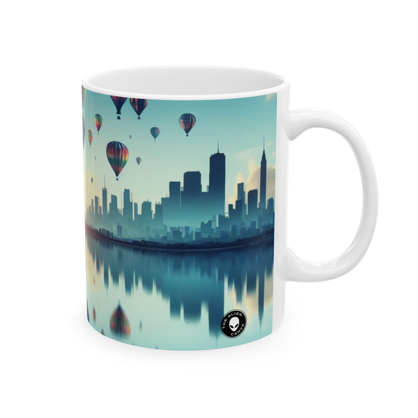 "Metrópoli reflejada: un lago de sueños" - Taza de cerámica The Alien 11oz