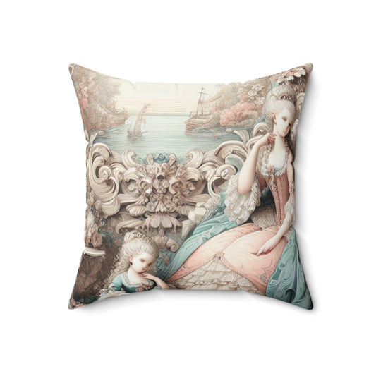 « Enchantement dans les jardins pastel : Rococo Fairy Princess » - L’oreiller carré en polyester filé Alien Rococo