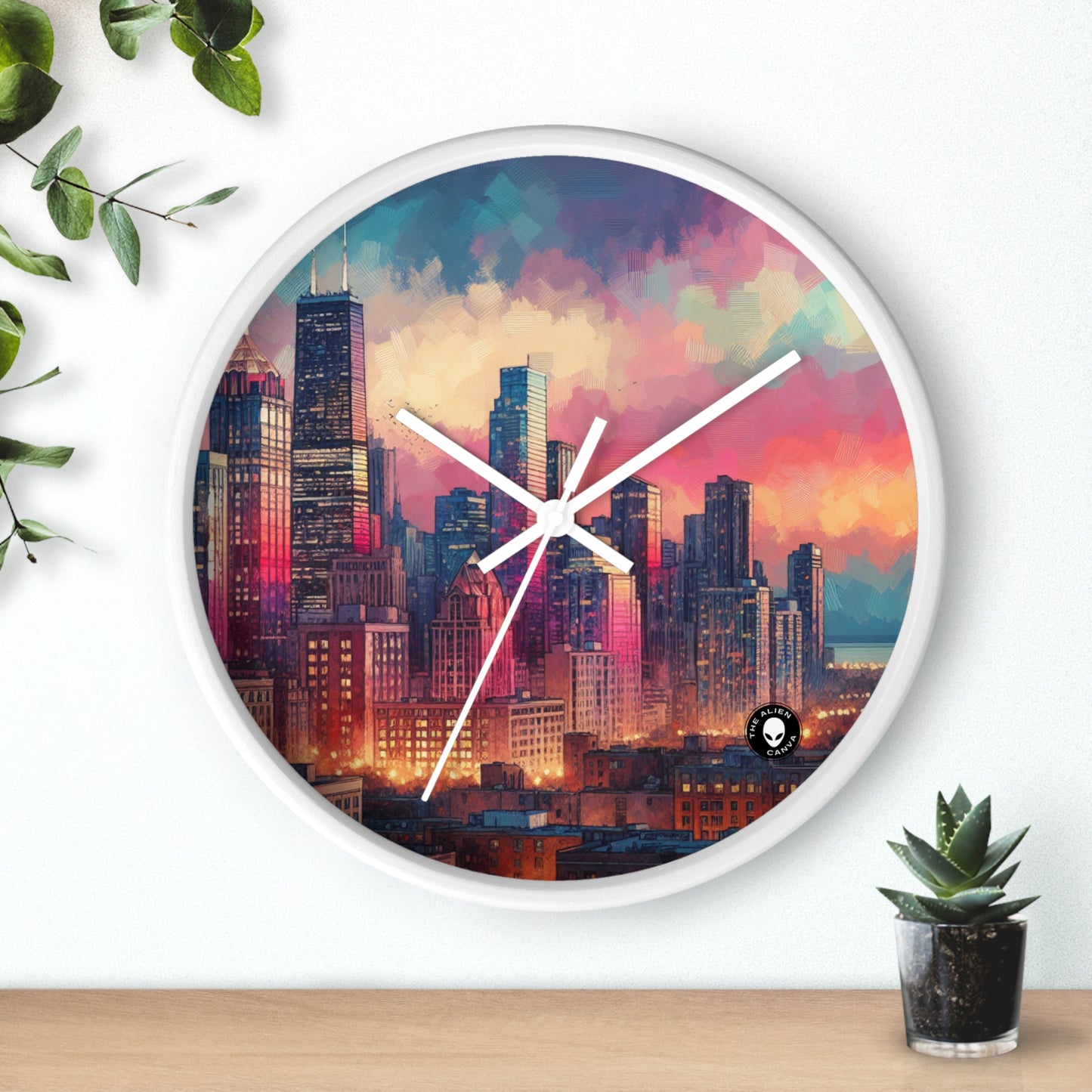 "Dusky Reflections: City Skyline at Sunset" - The Alien Wall Clock