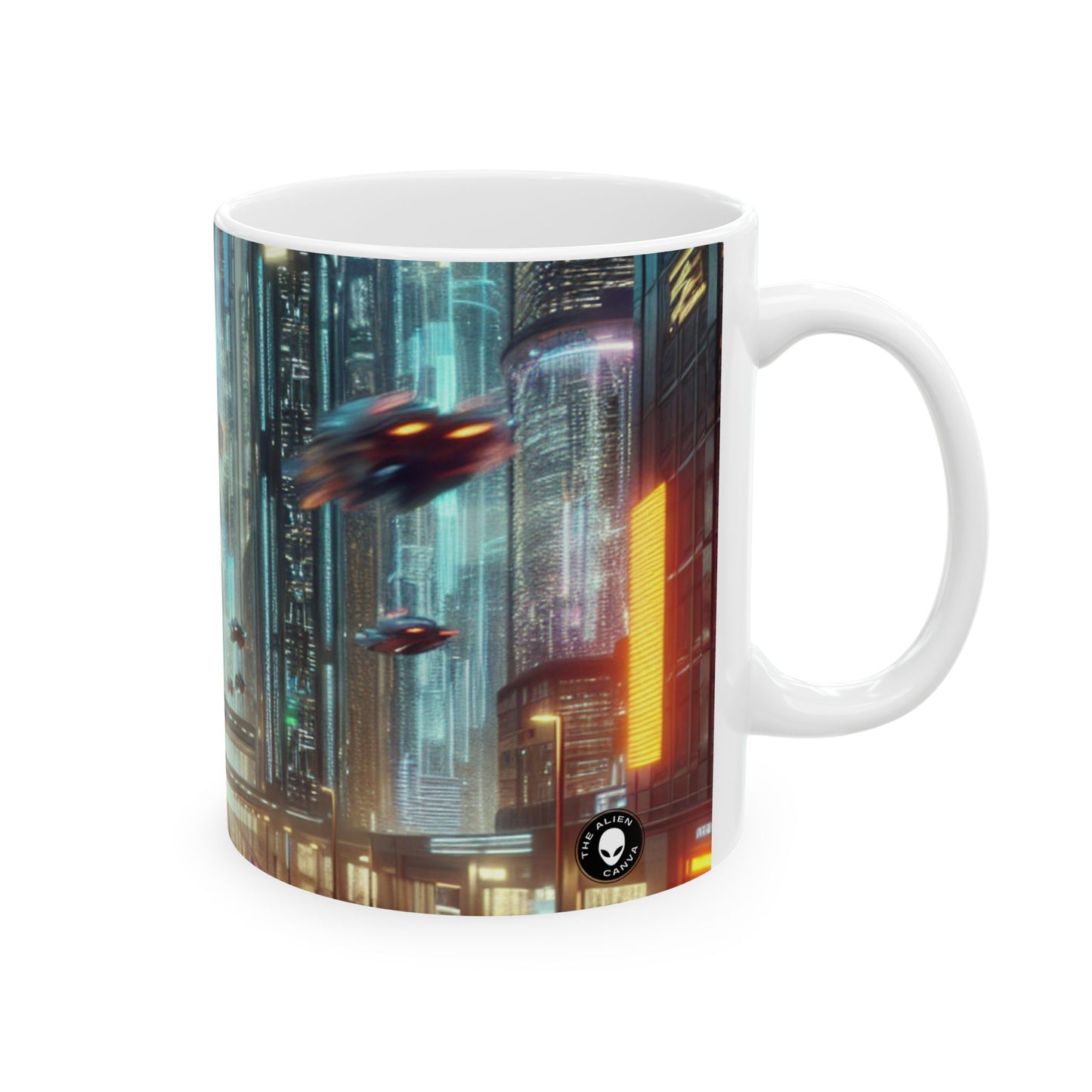 Pluie de néon : un paysage urbain futuriste - Tasse en céramique Alien 11 oz