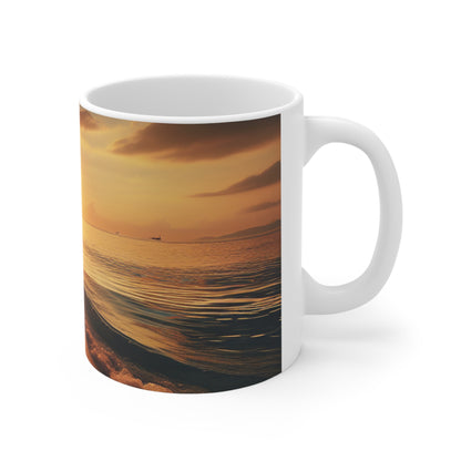 "Un paseo por la playa al atardecer" - Taza de cerámica The Alien de 11 oz estilo fotorrealismo