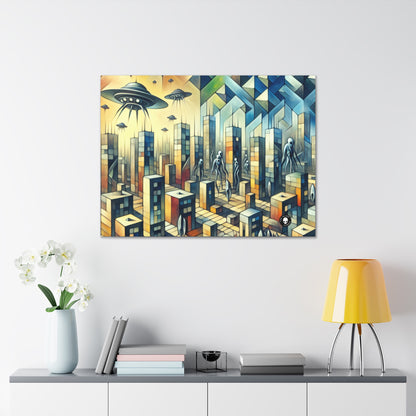 "Cubism in a Futuristic, Alien-Invaded City". - The Alien Canva A futristic city invaded by aliens in cubism art style