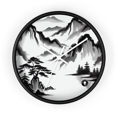 "Mountain Reflection: A Serene Zen Ink Painting" - The Alien Wall Clock Zen Ink Painting