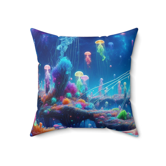 "Neon Jellyfish Fantasia: A Surreal Underwater Odyssey"- The Alien Spun Polyester Square Pillow