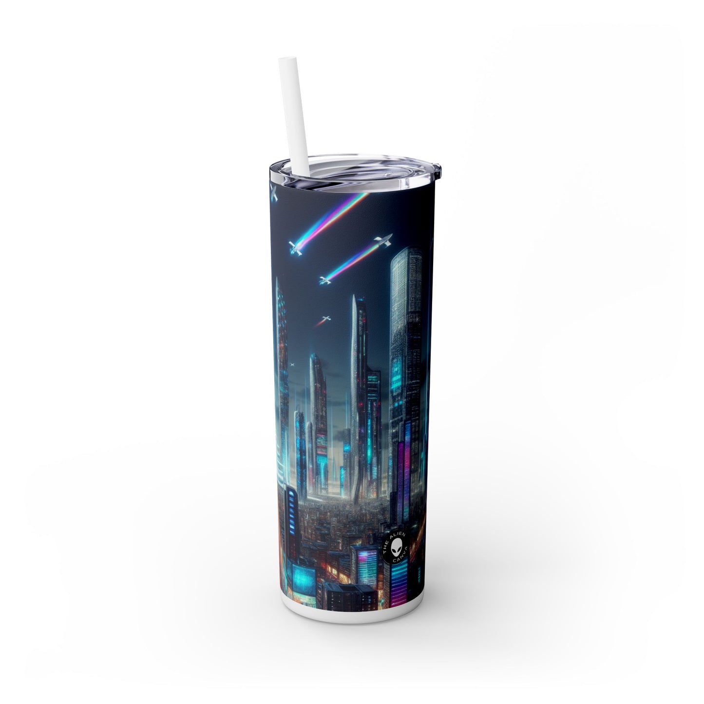 "Paisaje urbano del futuro: un horizonte de coches voladores y luces de neón" - Vaso delgado con pajita de 20 oz de Alien Maars®