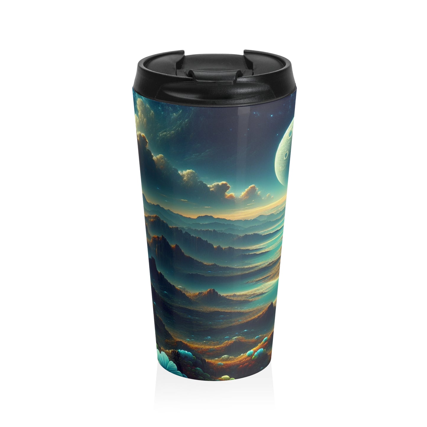 "Un Sueño Extraño: Un Mundo Desconocido en Detalle" - The Alien Stainless Steel Travel Mug planetas no descubiertos en estilo hiperrealista