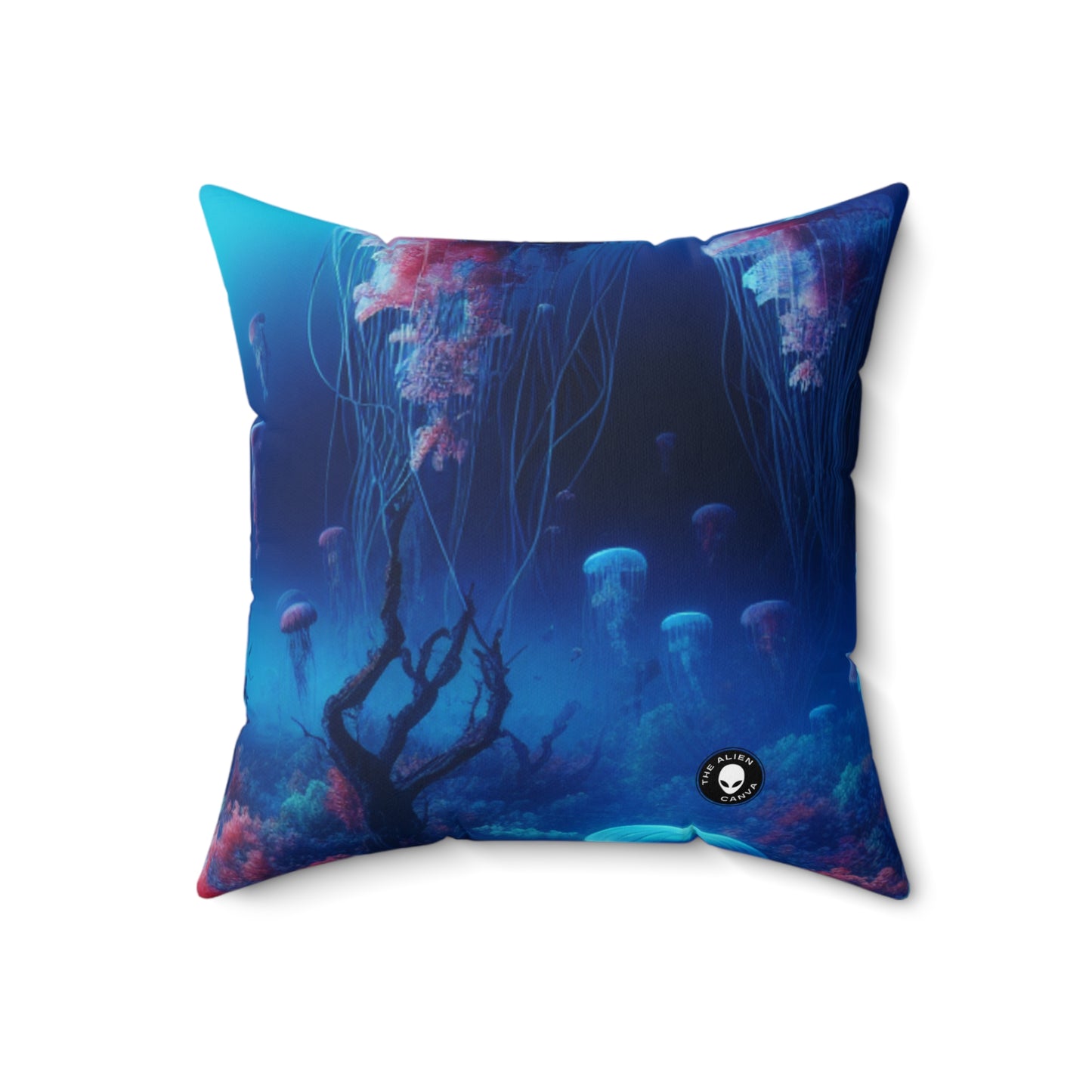 "Jellyfish Haven: Un mundo submarino surrealista": almohada cuadrada de poliéster hilado de Alien