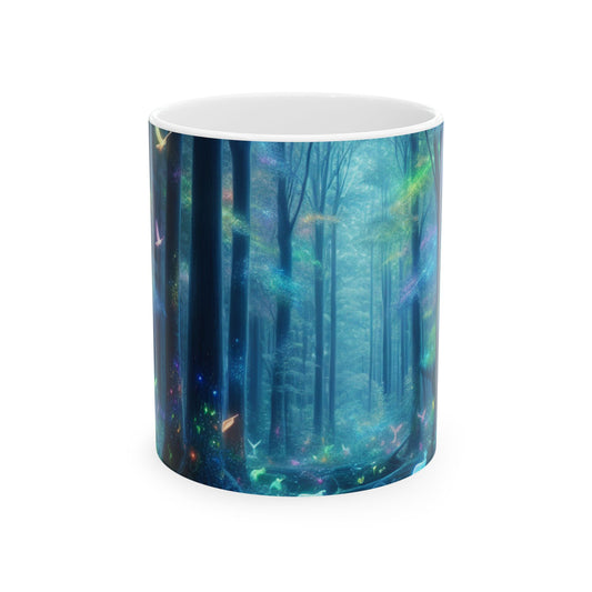 "Bosque arcoíris encantado" - Taza de cerámica alienígena de 11 oz