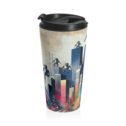 "Robotic Cityscape: A Futuristic Mural" - The Alien Stainless Steel Travel Mug Street Art / Graffiti