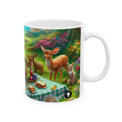 "Picnic en el bosque encantado: una reunión mágica" - Taza de cerámica alienígena de 11 oz