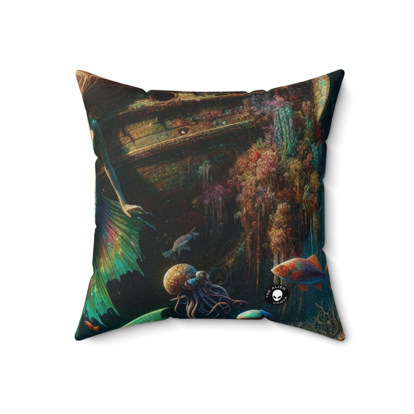 "Mermaid's Treasure: Exploring the Sunken Shipwreck"- The Alien Spun Polyester Square Pillow