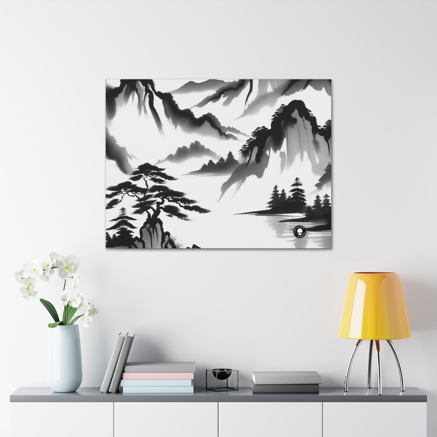 "Mountain Reflection: A Serene Zen Ink Painting" - The Alien Canva Zen Ink Painting