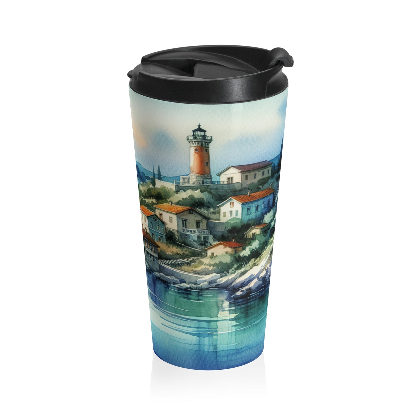 "Glimpse of a Seaside Haven" - Taza de viaje de acero inoxidable alienígena estilo pintura de acuarela