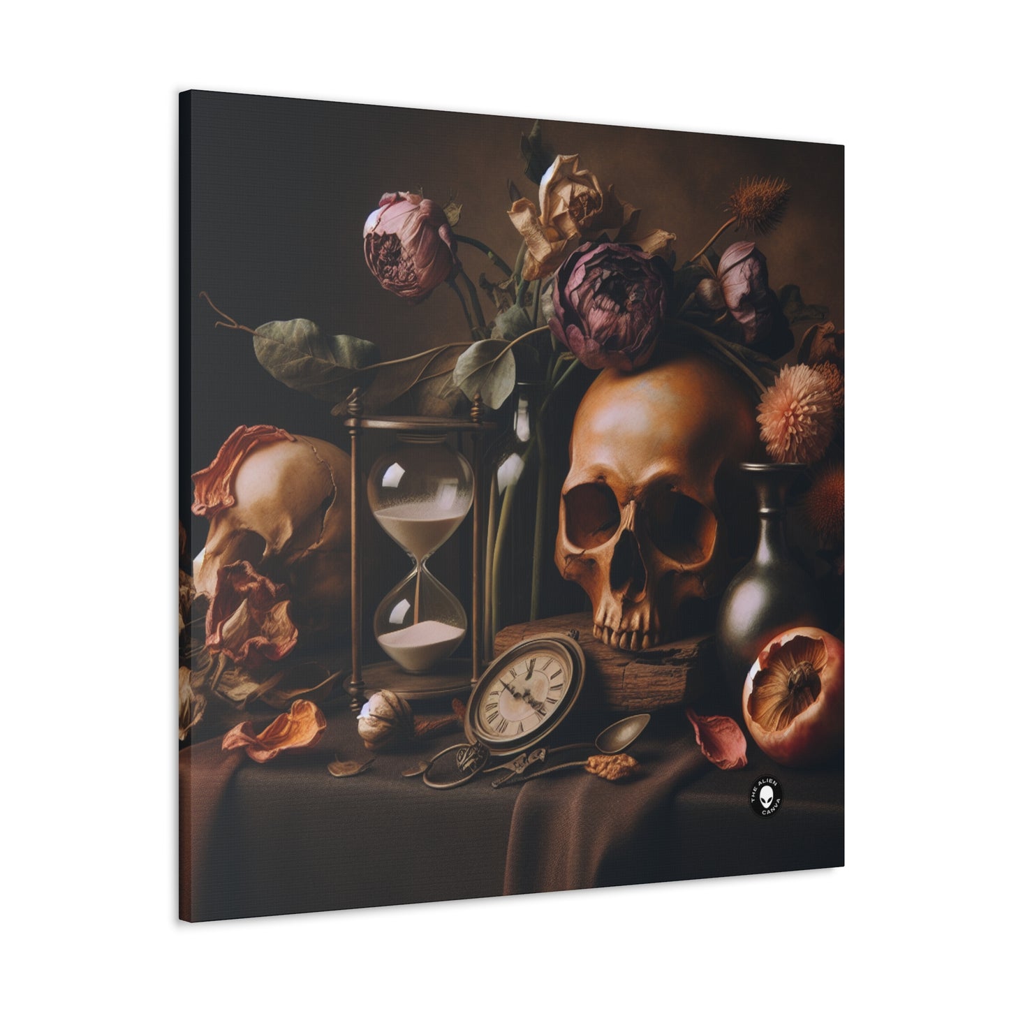 "Belleza fugaz: una vibrante pintura de Vanitas que representa el paso del tiempo y la naturaleza transitoria de la vida" - The Alien Canva Vanitas Painting