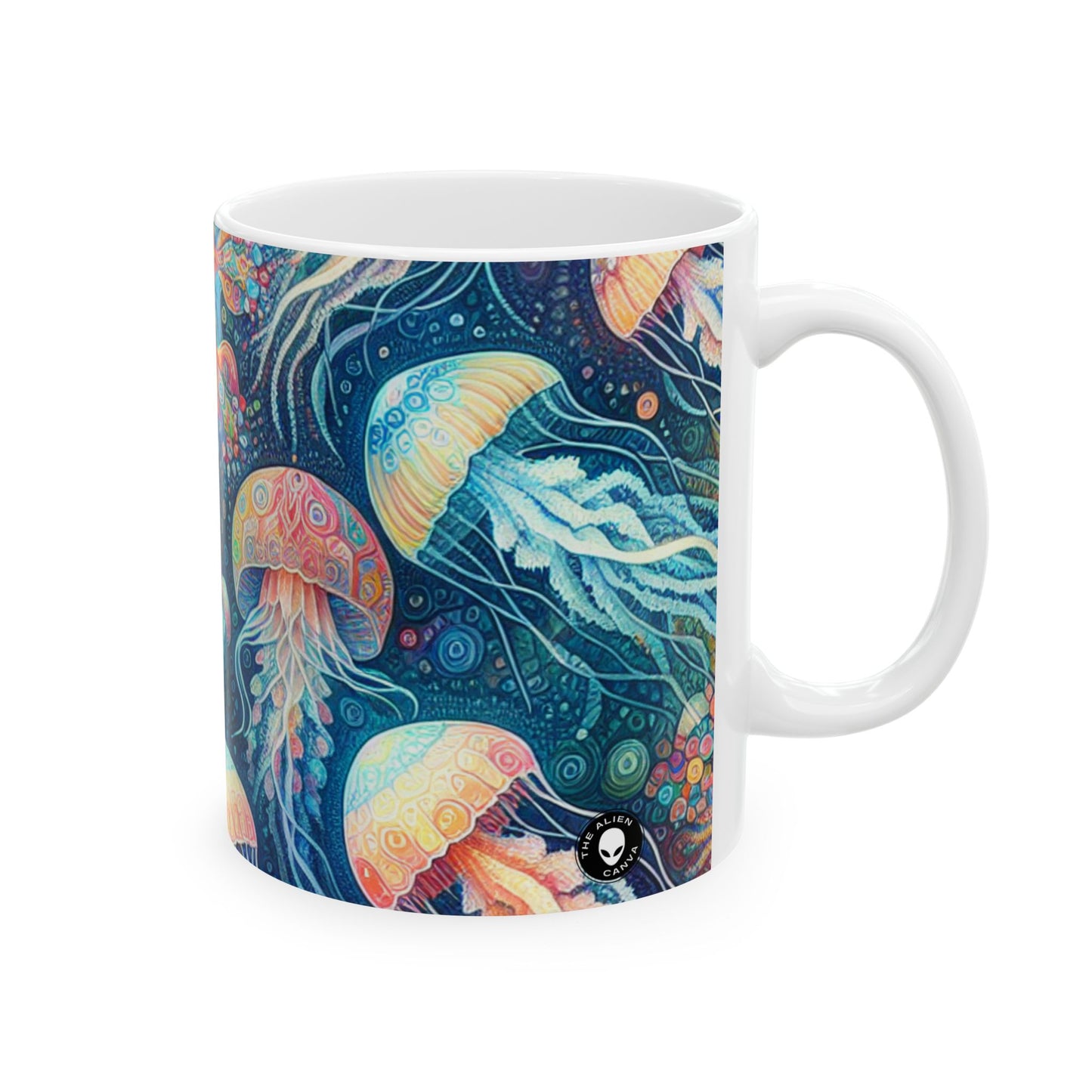 "Danza luminosa de las profundidades" - Taza de cerámica alienígena de 11 oz