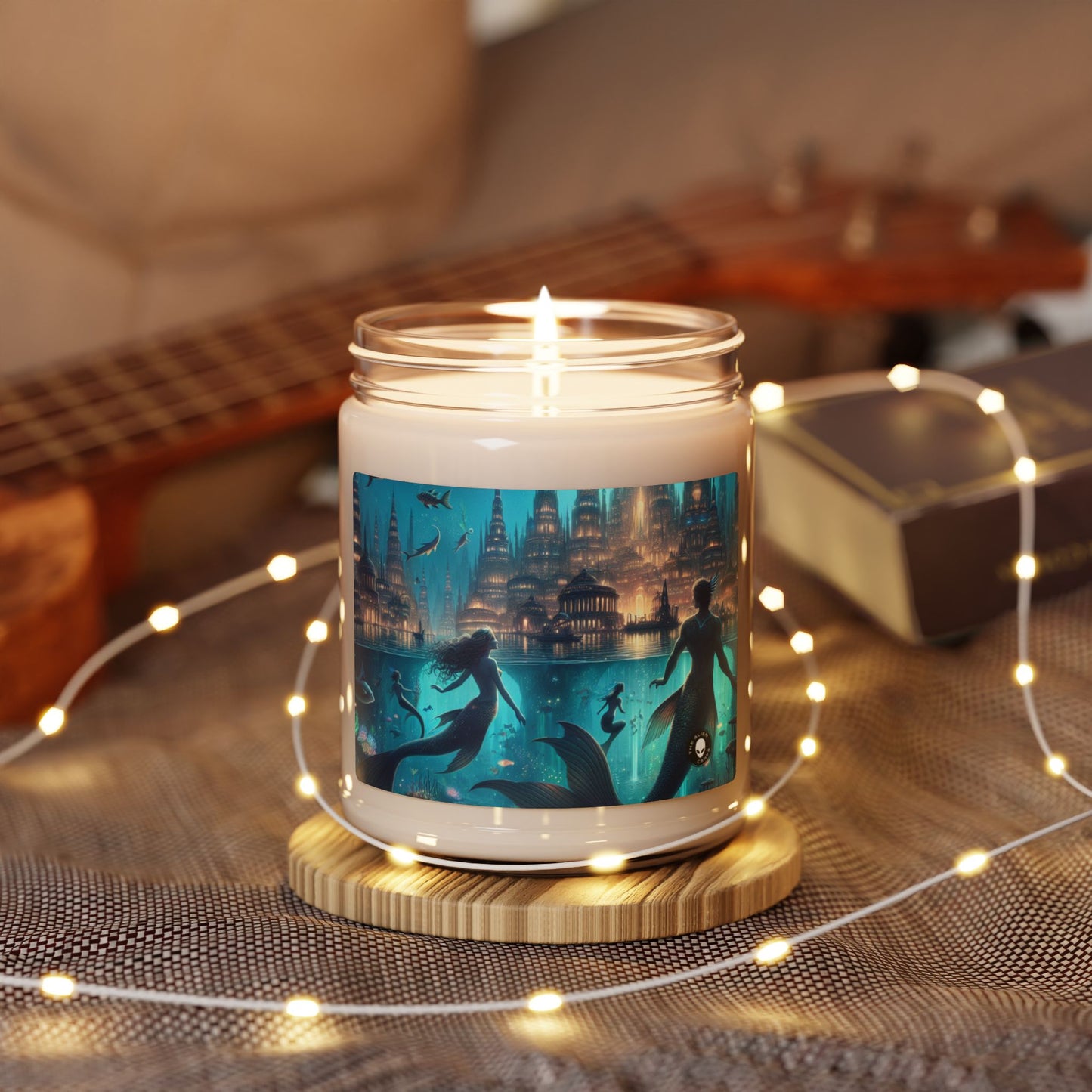 "Atlántida iluminada: una ciudad de criaturas marinas místicas" - Vela de soja con aroma alienígena de 9 oz