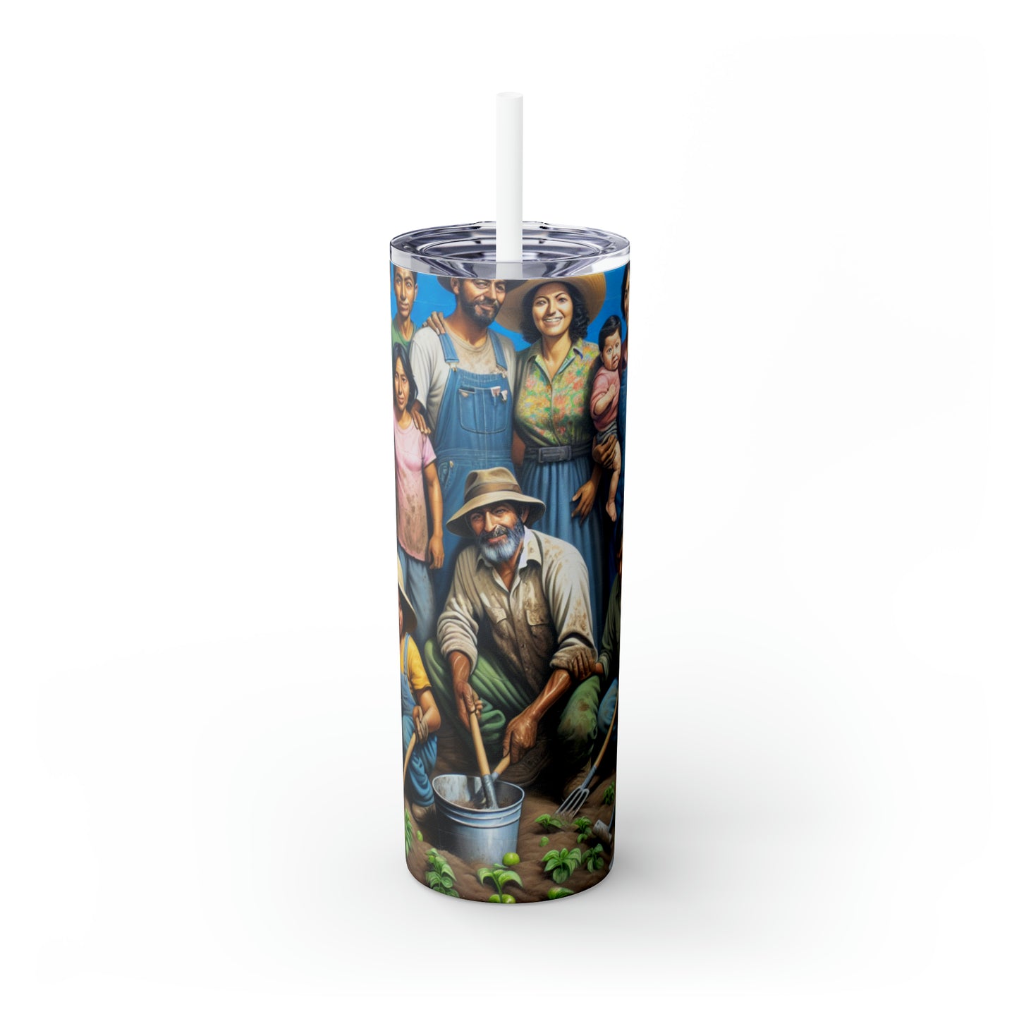 "Reaping Hope: A Migrant Family in the Garden" - The Alien Maars® Skinny Tumbler with Straw 20oz Social Realism Style