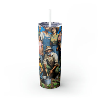 "Récolter l'espoir : une famille de migrants dans le jardin" - The Alien Maars® Skinny Tumbler avec paille 20oz Style réalisme social