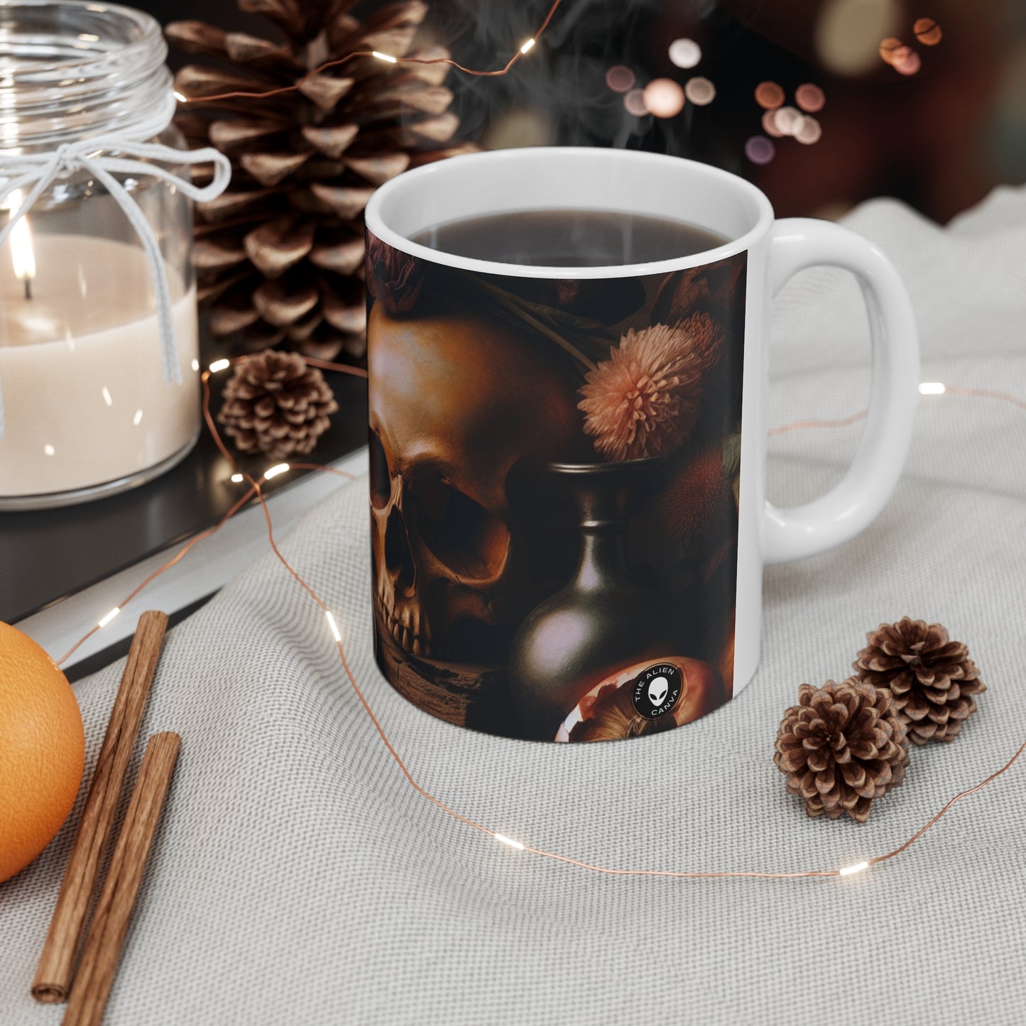 "Fleeting Beauty: A Vibrant Vanitas Painting Depicting the Passage of Time and Transient Nature of Life" - The Alien Ceramic Mug 11oz Vanitas Painting