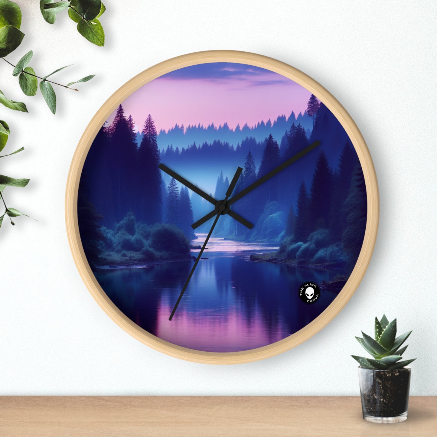 "Twilight Tranquility: Forest River Reflections" - The Alien Wall Clock