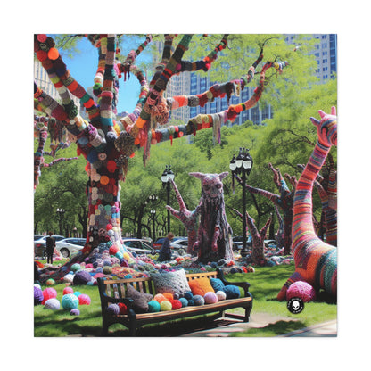 Title: "Yarnscaped City: A Whimsical Fiber Art Fusion" - The Alien Canva Yarn Bombing (Fiber Art)